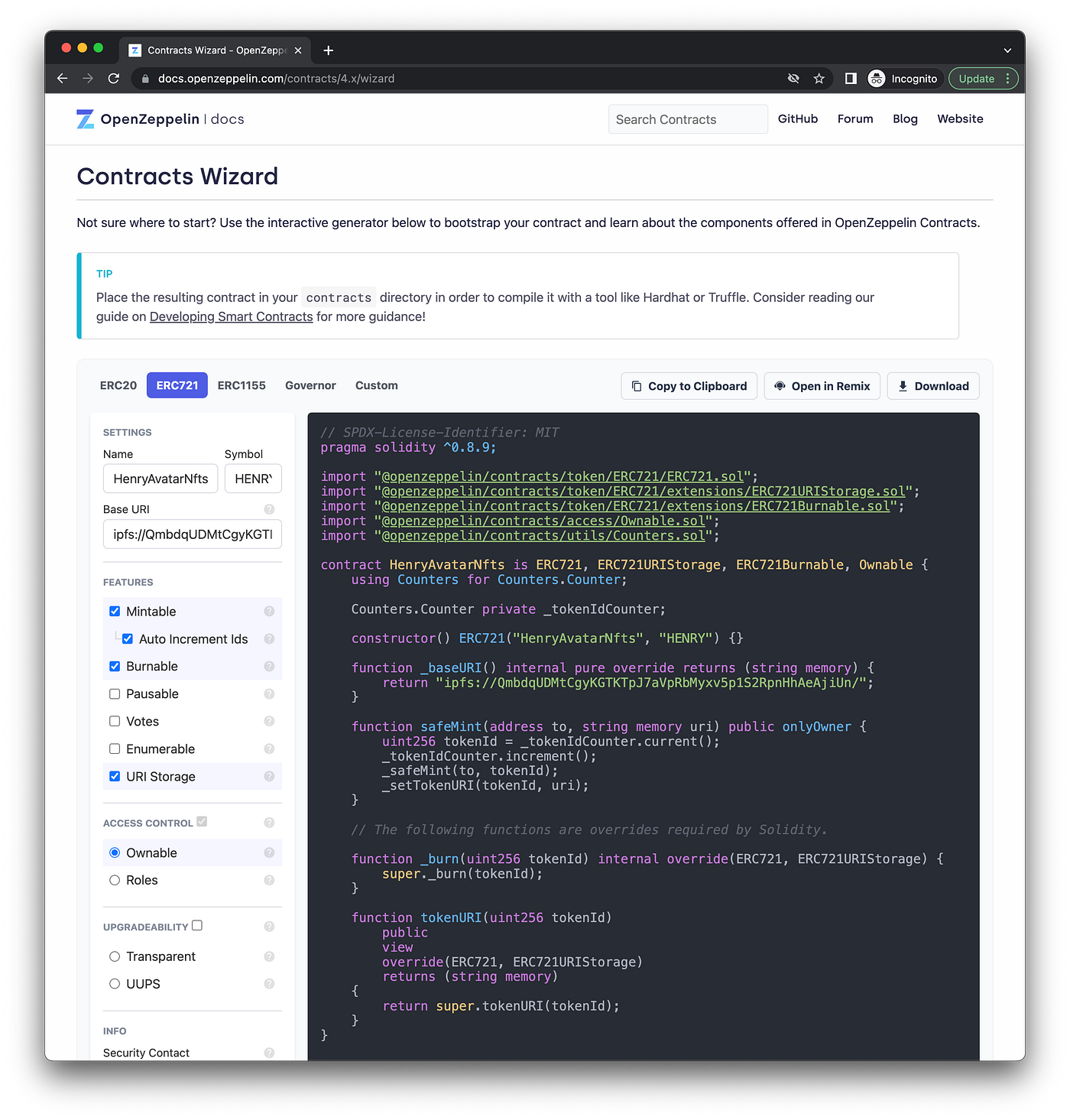 ERC721 Contract Wizard