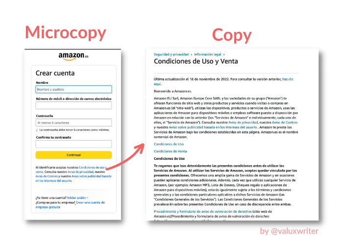 Ejemplo de formulario de Amazon como microcopy vs copy como texto de ayuda