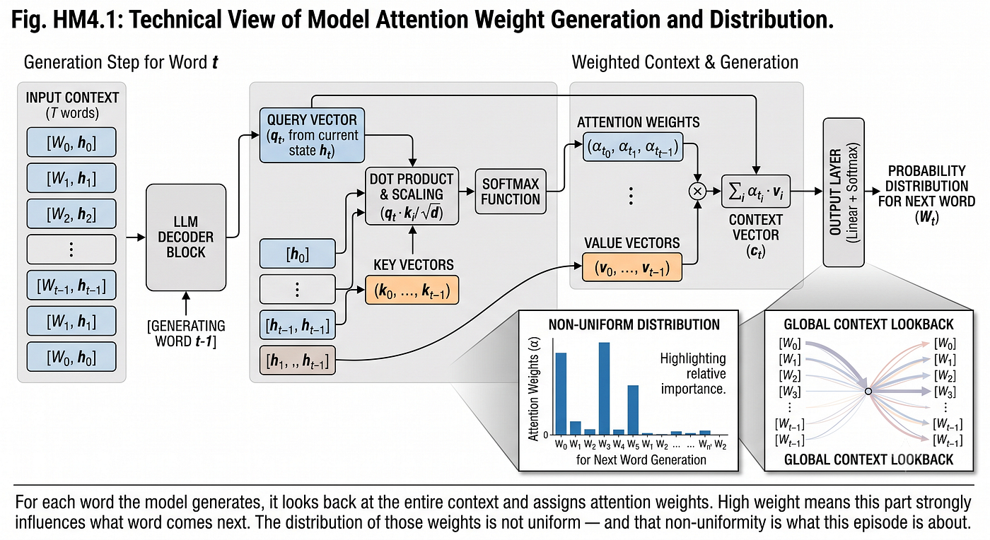 For each word the model generates, it looks back at the entire context and assigns attention weights