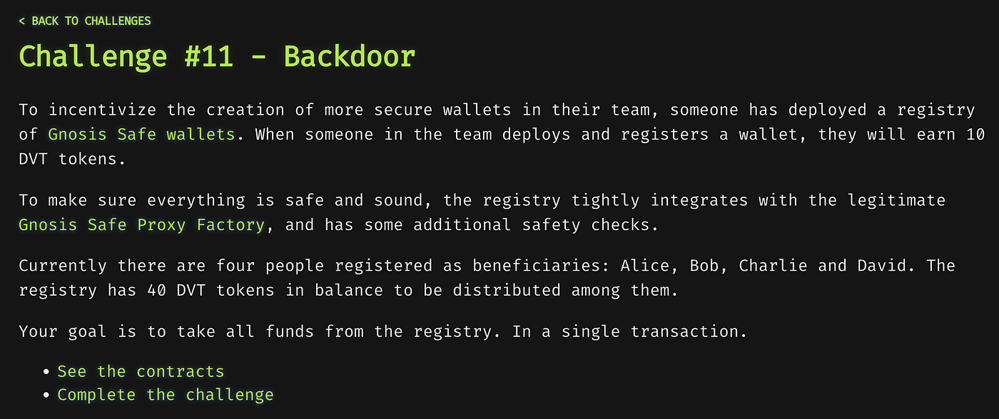 Damn Vulnerable DeFi V3 Challenge 11 Solution: Backdoor Complete  Walkthrough | by Johnny Time | Medium