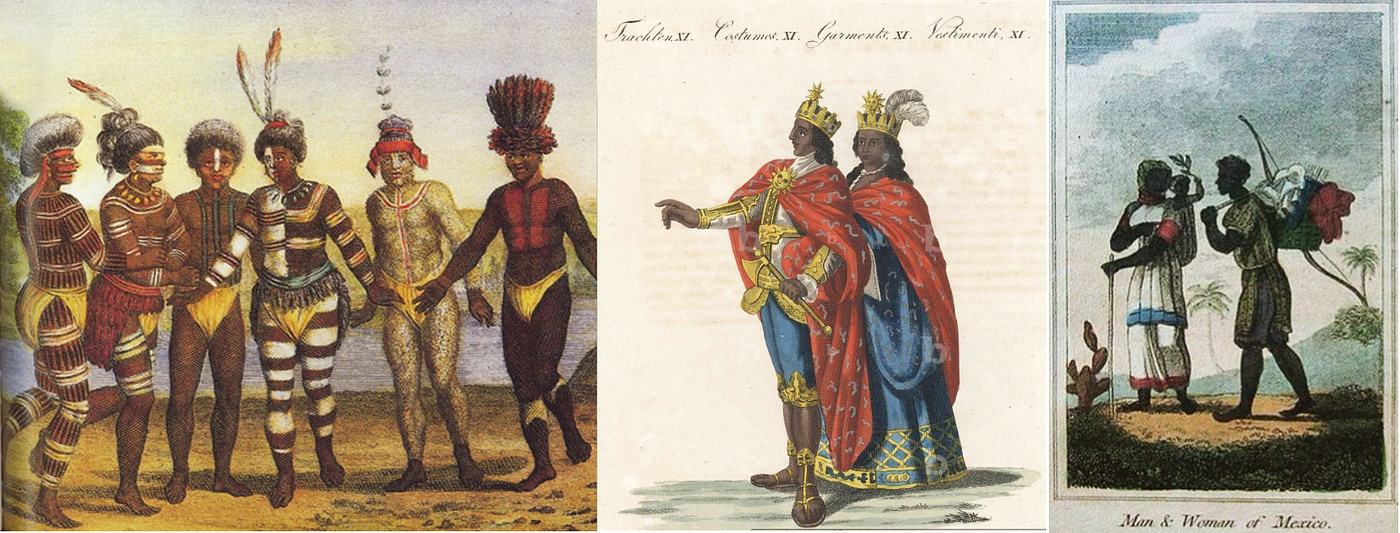 LEFT: “The Ohlone people performing a ceremonial dance at Mission San Jose,” by Louis Choris. 1816. Choris, a Russian artist and naturalist visited Alta California in 1816 as part of the Russian scientific expedition aboard the Rurik. His sketches and colorized engravings, including scenes of dancers at Mission Dolores, are among the earliest visual records of Ohlone culture. Public domain. CENTER: Lithograph of Peruvian Incas, 18th century allegorical representation of Inca king and queen in modern western clothes with gold crown with sun emblem, embroidered cloak, gold axe and sandals with lion. Taken from Richard Phillips’ “Present State of Peru.” Handcoloured copperplate engraving from Bertuch’s “” Bilderbuch fur Kinder”” (Picture Book for Children), Weimar, 1807. Friedrich Johann Bertuch (1747–1822) was a German publisher and man of arts most famous for his 12-volume encyclopedia for children illustrated with 1,200 engraved plates on natural history, science, costume, mythology, etc., published from 1790–1830. RIGHT: Handcoloured copperplate engraving from Mary Anne Vennings A Geographical Present being Descriptions of the Principal Countries of the World, Darton, Harvey and Darton, London, 1818. Public domain.