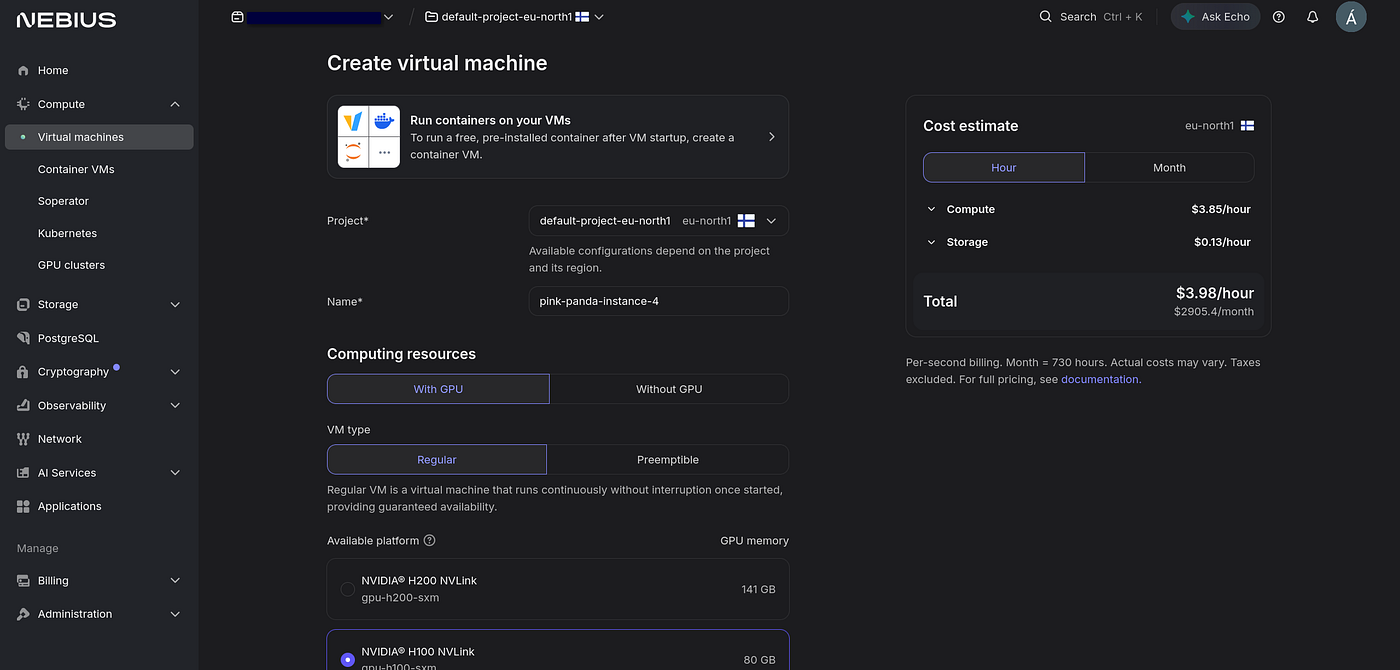 The instance creation wizard in Nebius — With GPU