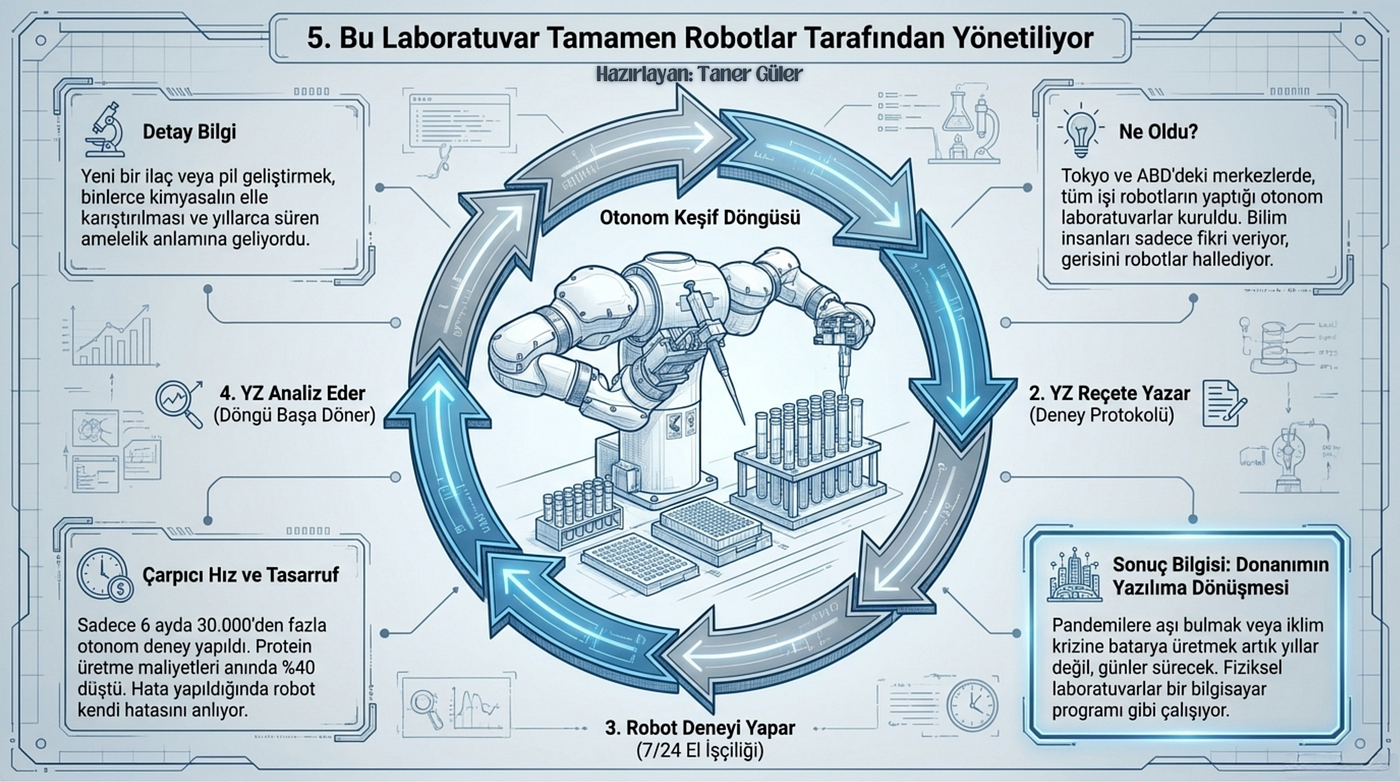 Tokyo’da bulunan bir biyoloji laboratuvarında, on adet iki kollu robot tüm operasyonları yürütmektedir. Bu robotlar, sıvı işleme, hücre kültürü yetiştirme ve bilimsel aletlerin çalıştırılması gibi temel görevleri yerine getirebilmektedir. Laboratuvarın işleyişi için halen belirli düzeyde insan müdahalesi gereklidir; ancak bu durum, araştırmacıların deney tasarımı ve sonuç yorumlaması gibi daha yüksek değerli faaliyetlere odaklanmalarını büyük ölçüde mümkün kılmaktadır. Otomasyon araştırmacısı Genki Kanda’nın belirttiği üzere, nihai hedef, 2040 veya 2050 yılına kadar yerel ve uluslararası bilim insanları tarafından kullanılabilecek binlerce robottan oluşan “fabrika ölçekli” bir tesisin kurulmasıdır. KAYNAK
