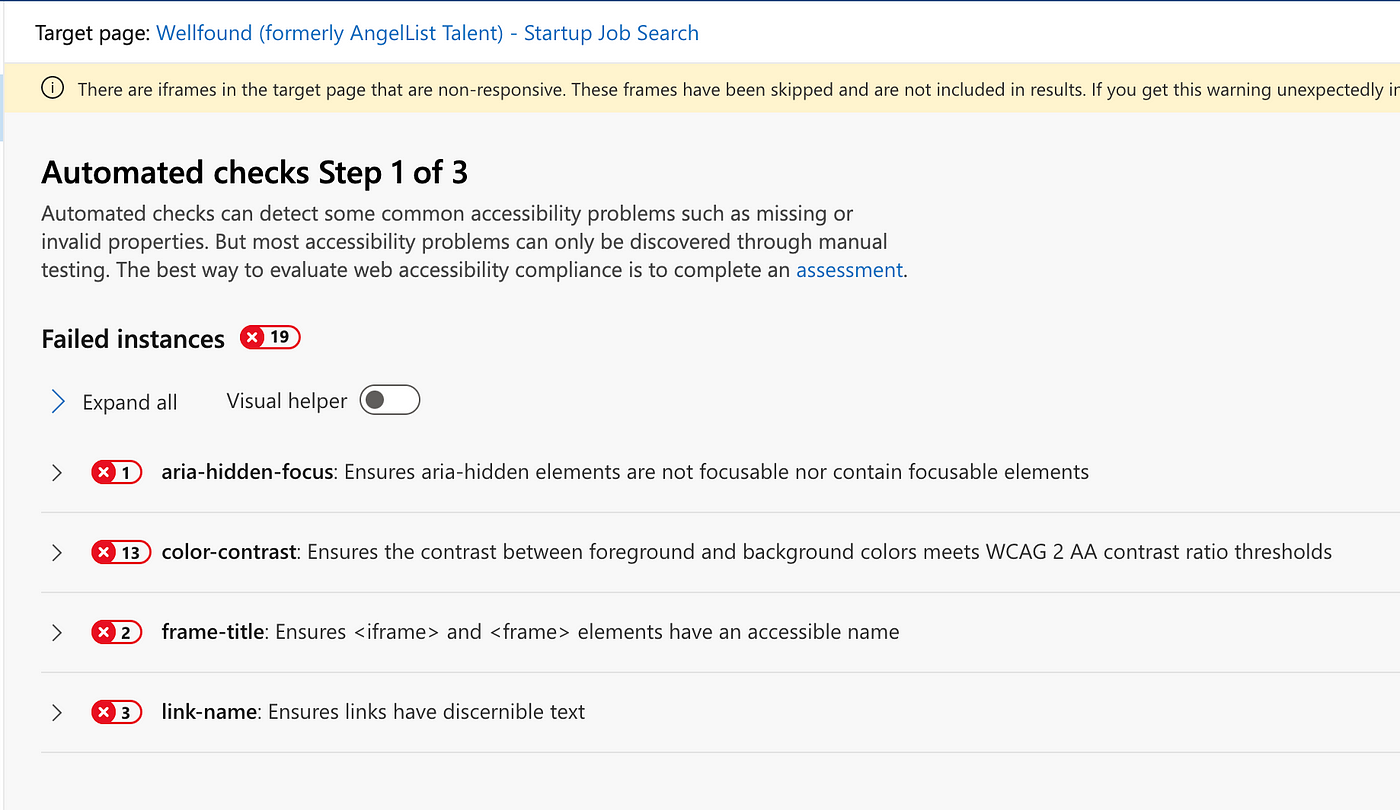 Accessibility Report of Wellfound (formerly AngelList) from Accessibility Insights Chrome Extention