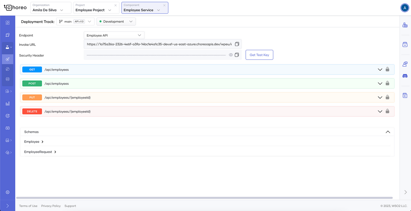 Swagger Console on Test page