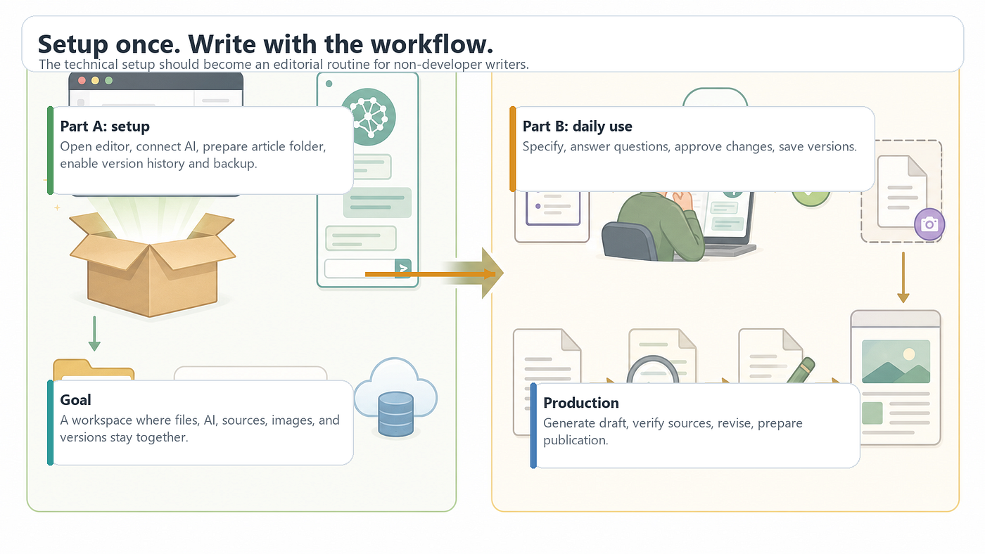 Figure 5. The setup is technical, but the daily workflow should feel editorial: specify, approve, draft, review, revise, and save. Source: author-created AI-assisted illustration.