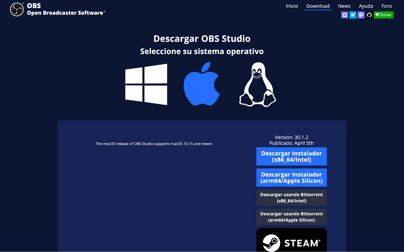 The OBS studio webpage to download the app