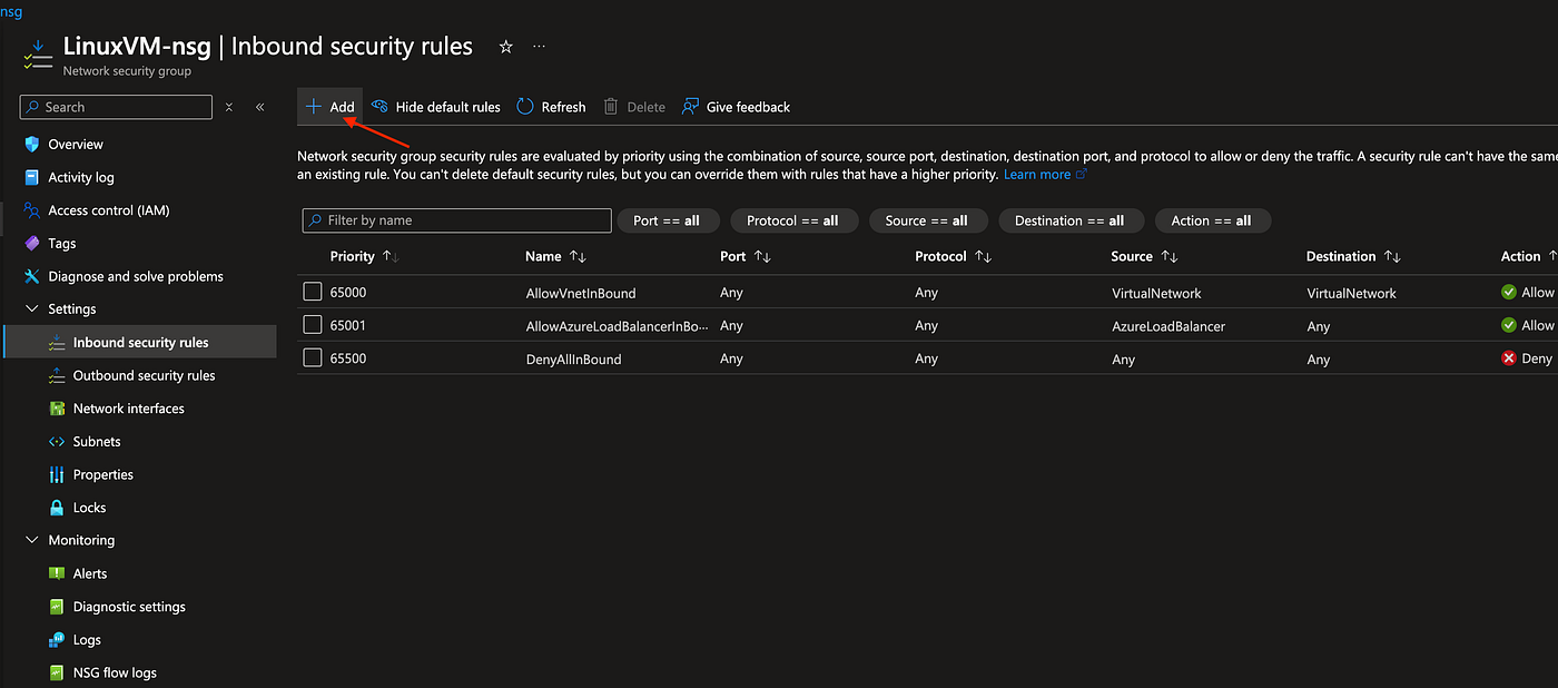 Add Inbound security rules