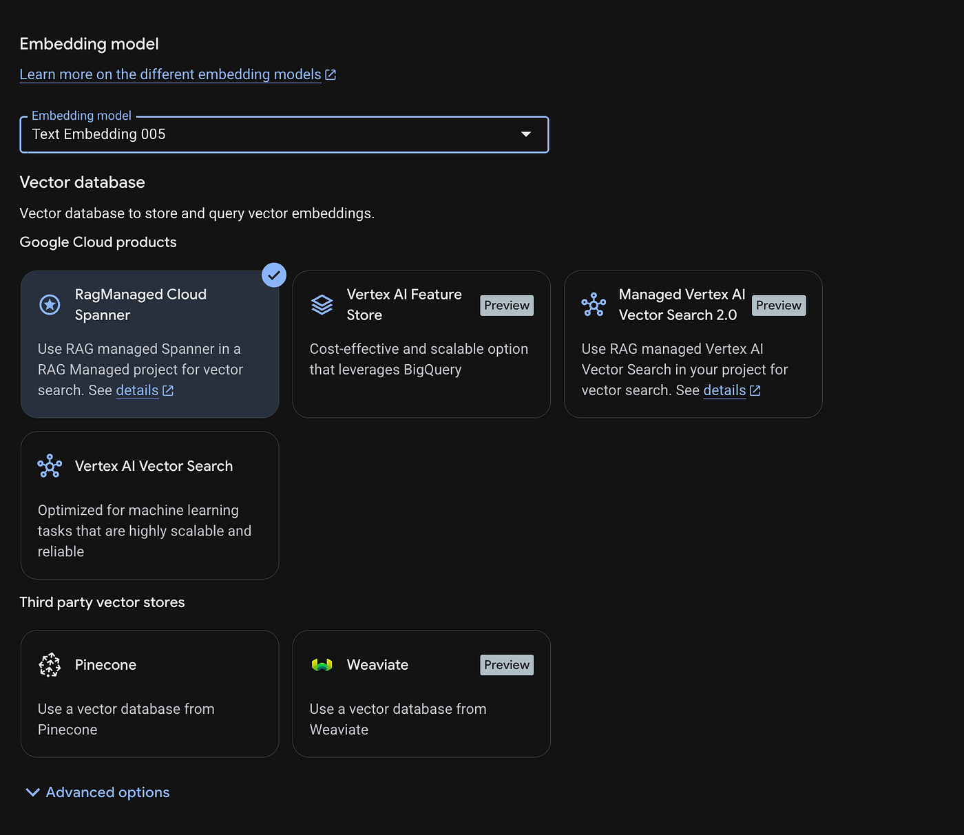 Basic tier RagManaged Cloud Spanner as vector database