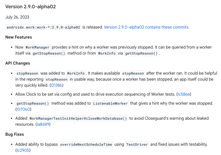 WorkManager changelog’s screenshot