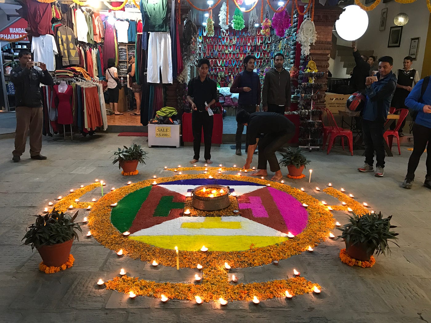 Colorful Rangoli Powder for Sale on Kathmandu Street Market Stock