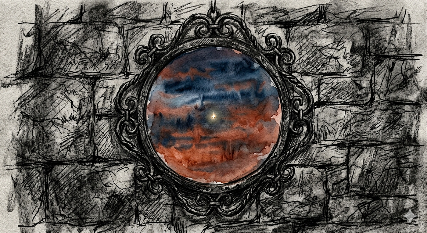 “A clash of textures and tones. The heavy, messy strokes of wrought-iron charcoal meeting the soft, fluid twilight of terracotta and indigo watercolor. A solitary reflection, a single light, and a reminder of the beauty found in rough edges.” Art Sketch by Misselbereth