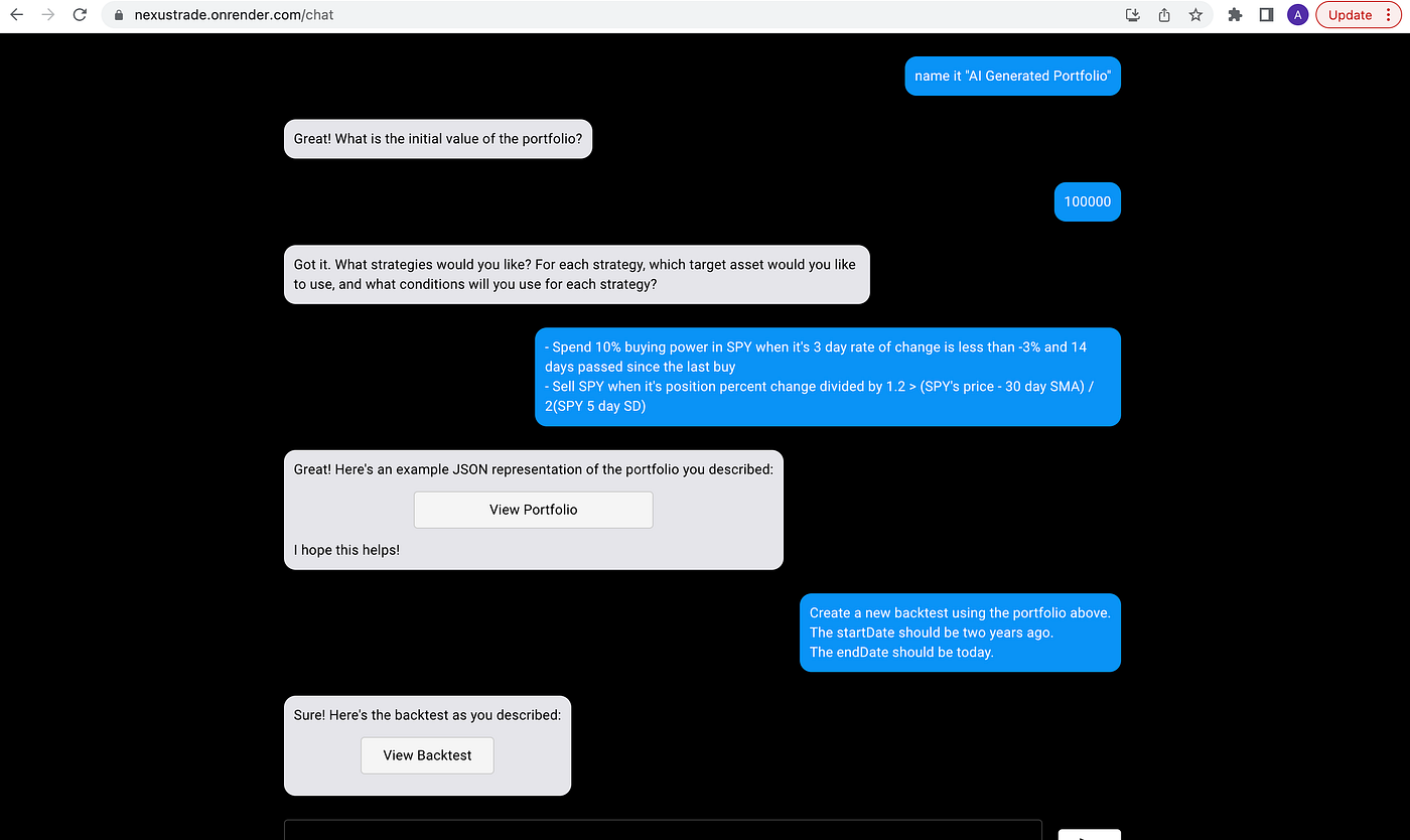 Aurora v1 — the original GPT-3 powered chat interface for creating algorithmic trading strategies