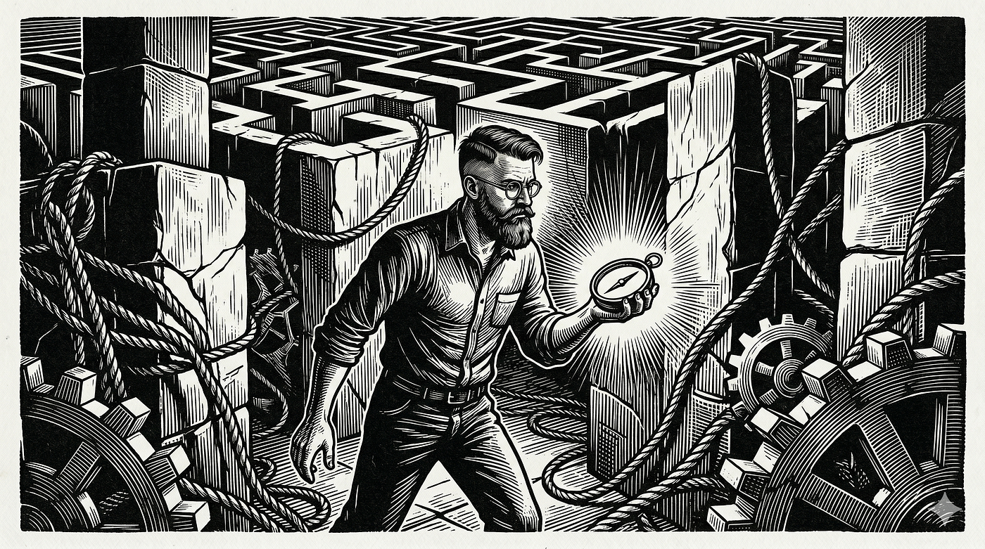 Nem sempre é sobre fazer, navegar pela incerteza e pelo labirinto além do craft faz parte da jornada — tudo colabora para que a entrega, nem que seja deixando a gente mais resistente. Imagem gerada pelo Gemini.
