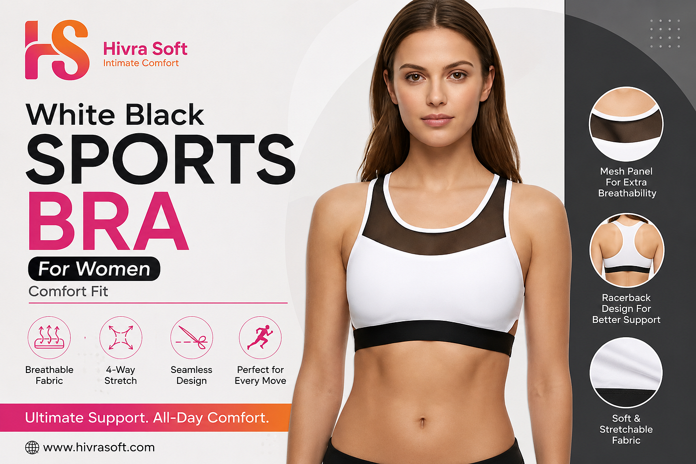 White Black Sports Bra For Women | Hivra Soft Comfort Fit