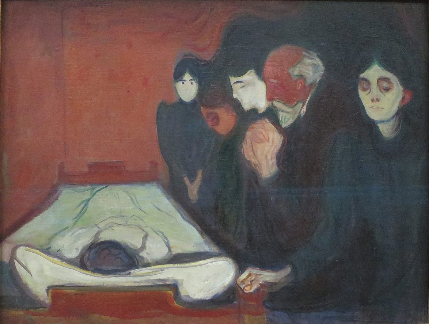 左:Melancholy (憂鬱) : Melancholy by Edvard Munch, 1892 中:Anxiety (焦慮) : Anxiety by Edvard Munch, 1894 右:Death (死亡) : At the Deathbed by Edvard Munch, 1895 (圖片來源:Wikipedia)
