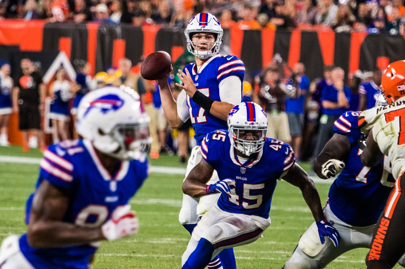 Buffalo Bills QB Josh Allen (17) looks to make a pass against Cleveland. (Photo by Erik Drost licensed under C.C. by 2.0)
