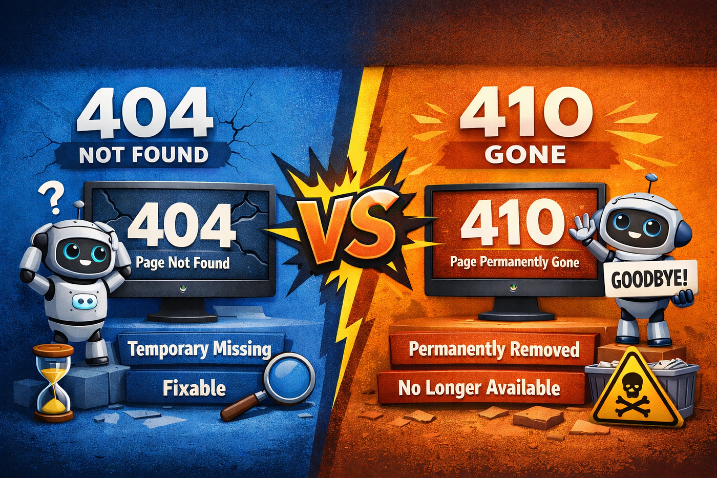 404 vs 410 for SEO: Visual comparison of ‘Not Found’ vs ‘Gone’ HTTP status codes and their impact on search engine crawling and indexing.
