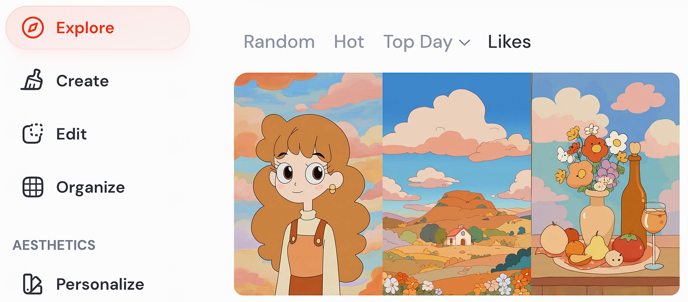 screen capture of the Explore page with the Likes tab option clicked