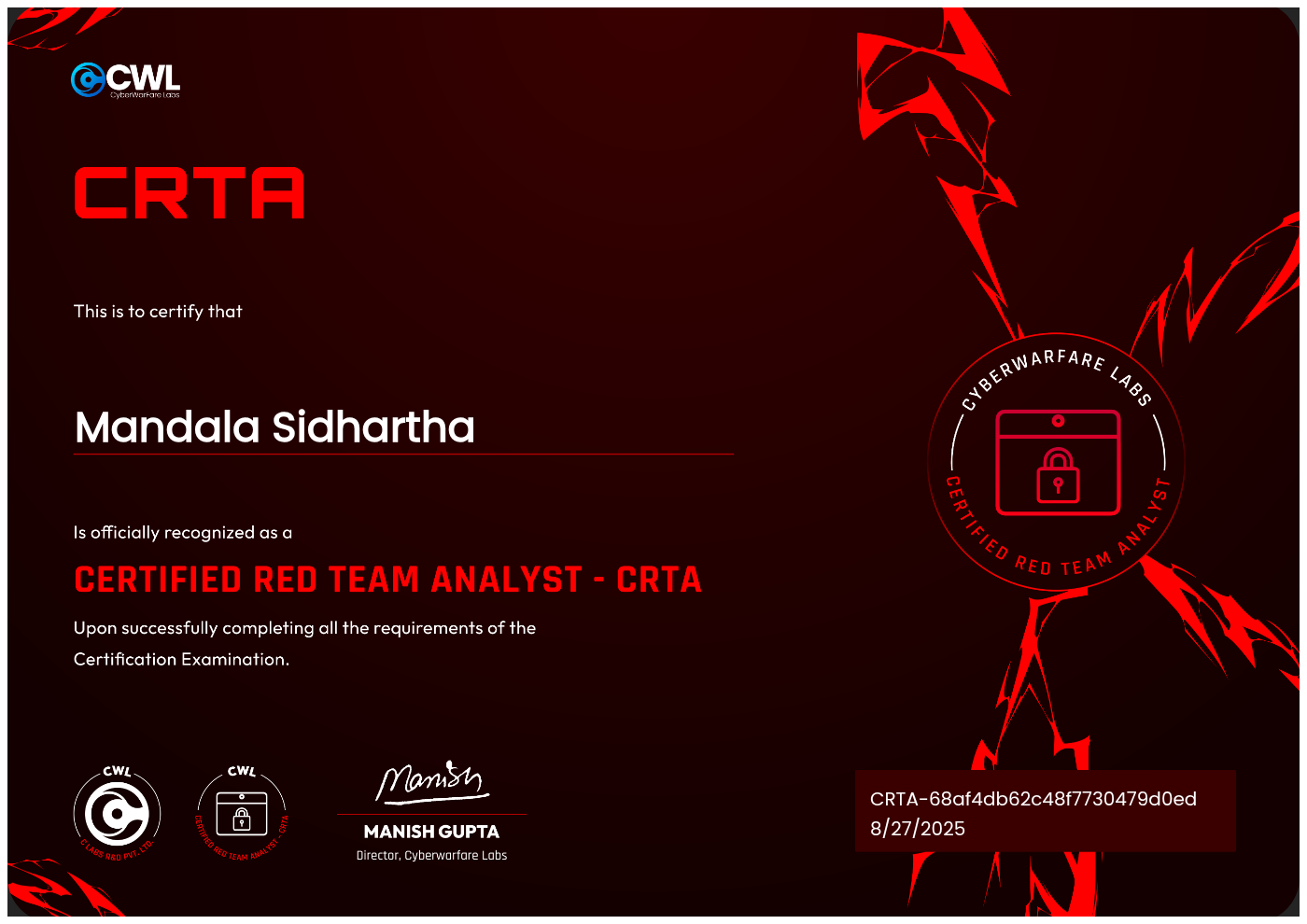 I Am Now a Certified Red Team Analyst (CRTA) — My Journey with CyberWarFare Labs