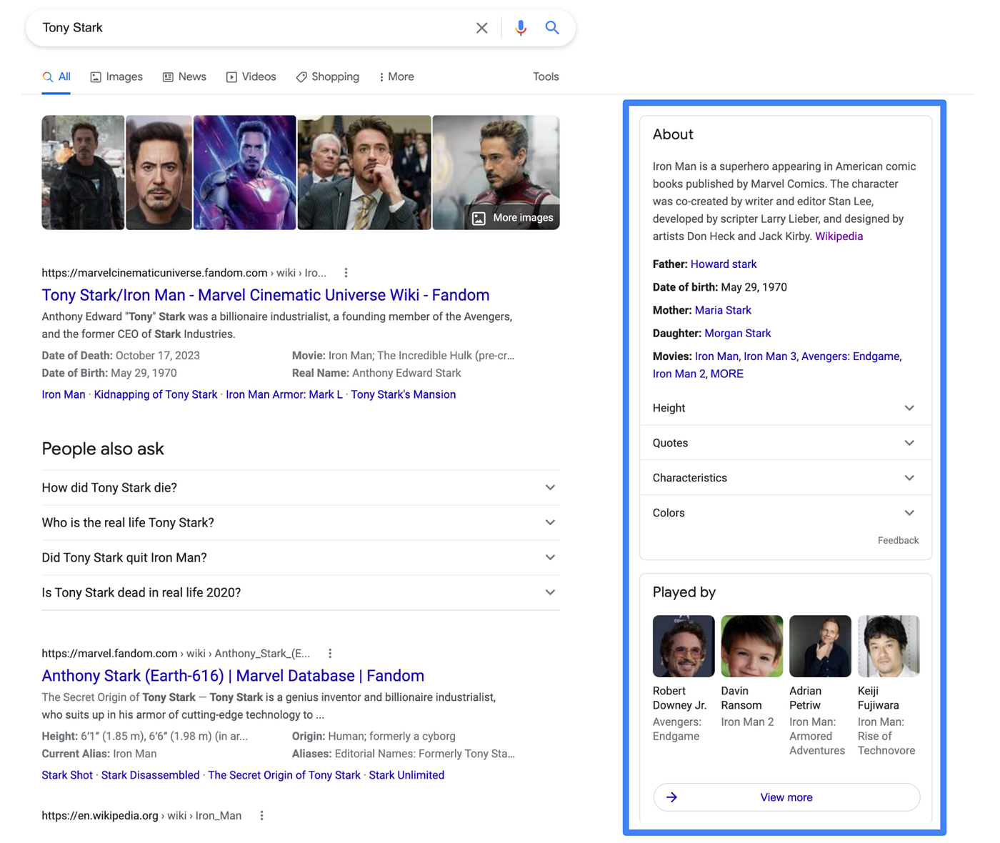 Screenshot from author: Google’s About Panel shows facts and broader topics about Tony Stark when someone searches about him. The information is extracted by inferring adjacent nodes and relationships of the Tony Stark node in the knowledge graph.