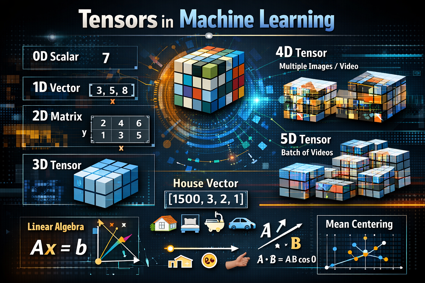 Tensors, Euclidean Distance, Cross Product, Dot Product and Mean Centering