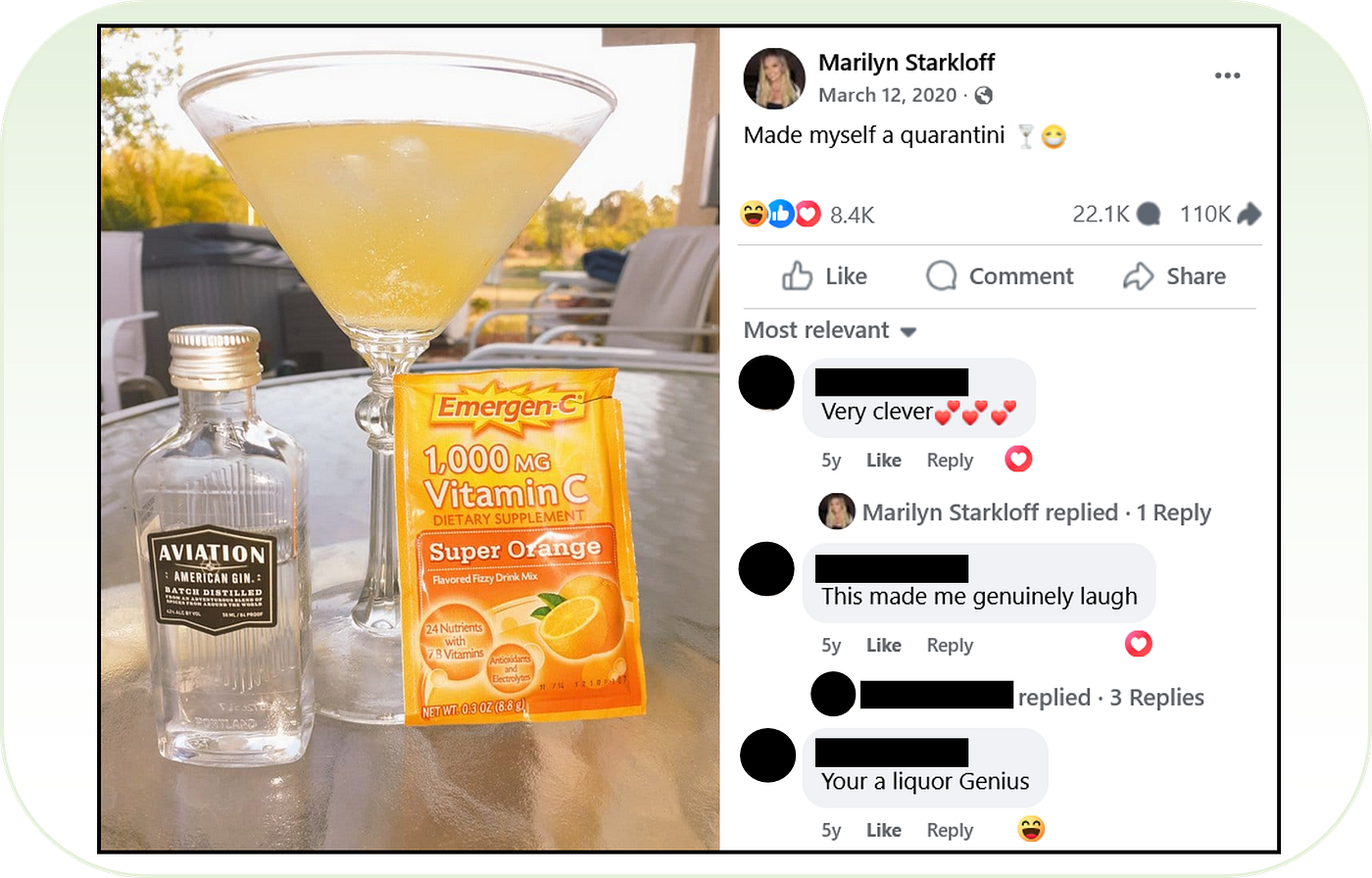 The right kind of viral: Starkloff’s creative “quarantini” combo of Aviation Gin and an orange-flavored Emergen-C packet rapidly spreads across the internet on several major social media platforms