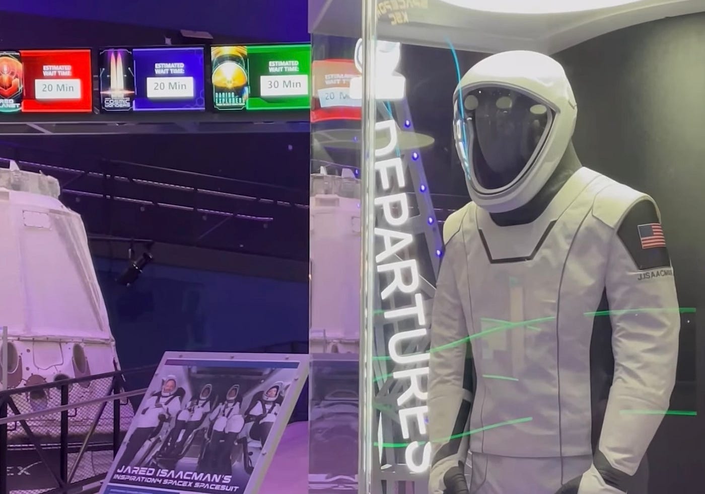 Inspiration4 Commander Jared Isaacman’s SpaceX IVA spacesuit on display at Kennedy Space Center (photo: Kennedy Space Center)