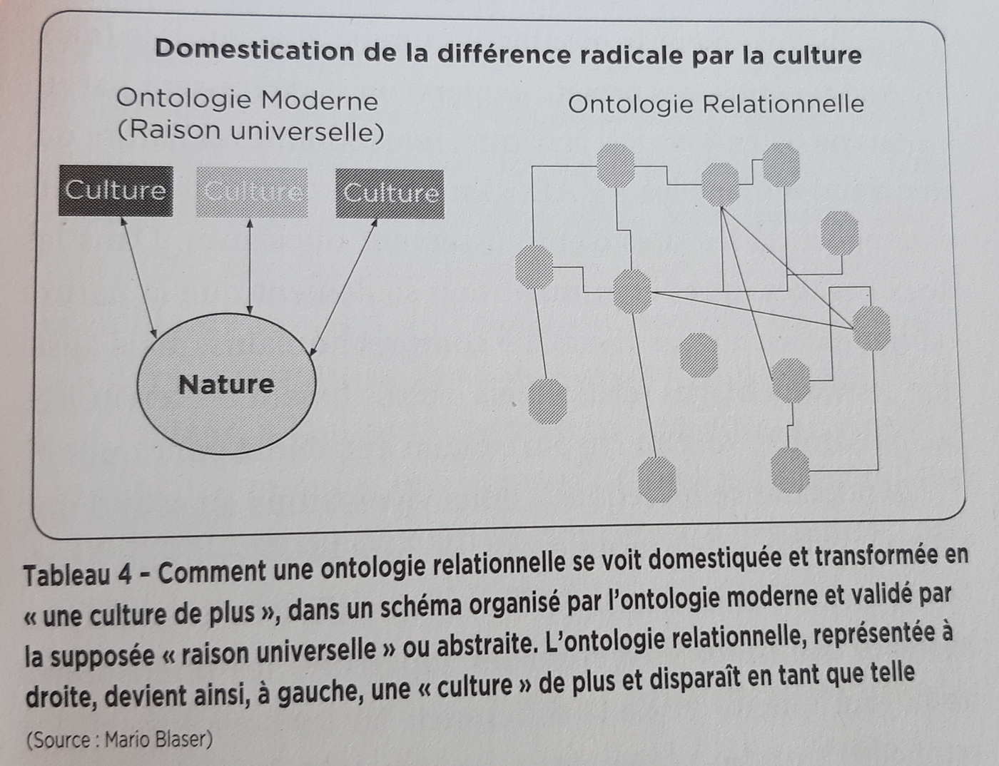 Critique et mise en garde supplémentaire d’Escobar quant à la capacité de l’ontologie dualiste occidentale à domestiquer et transformer d’autres ontologies, telles que celle relationnelle, pour l’intégrer à sa vision du monde (Escobar, 2018, p. 127).