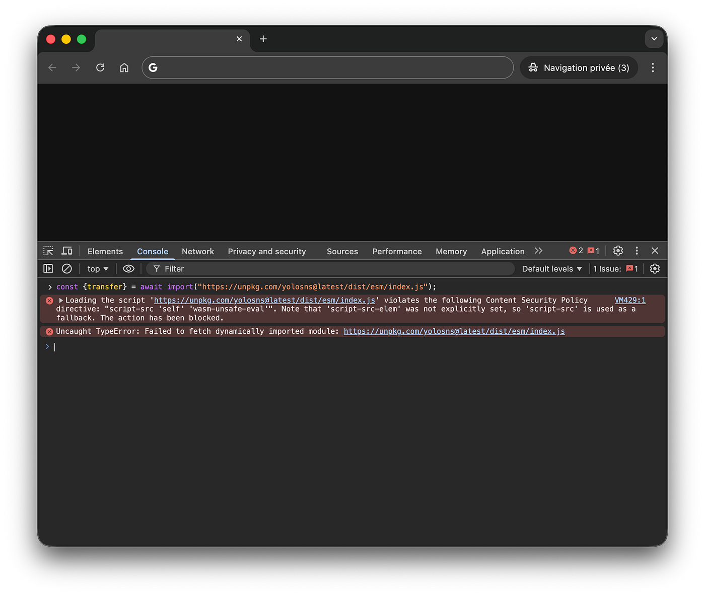 A screenshot of the import blocked by the CSP in the browser console debugger