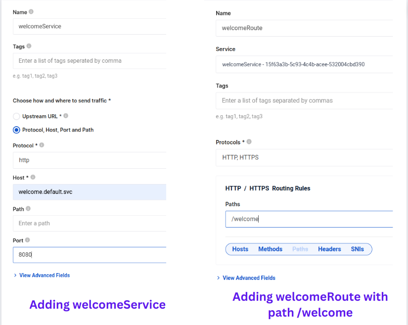 Screenshot of adding a service and a route