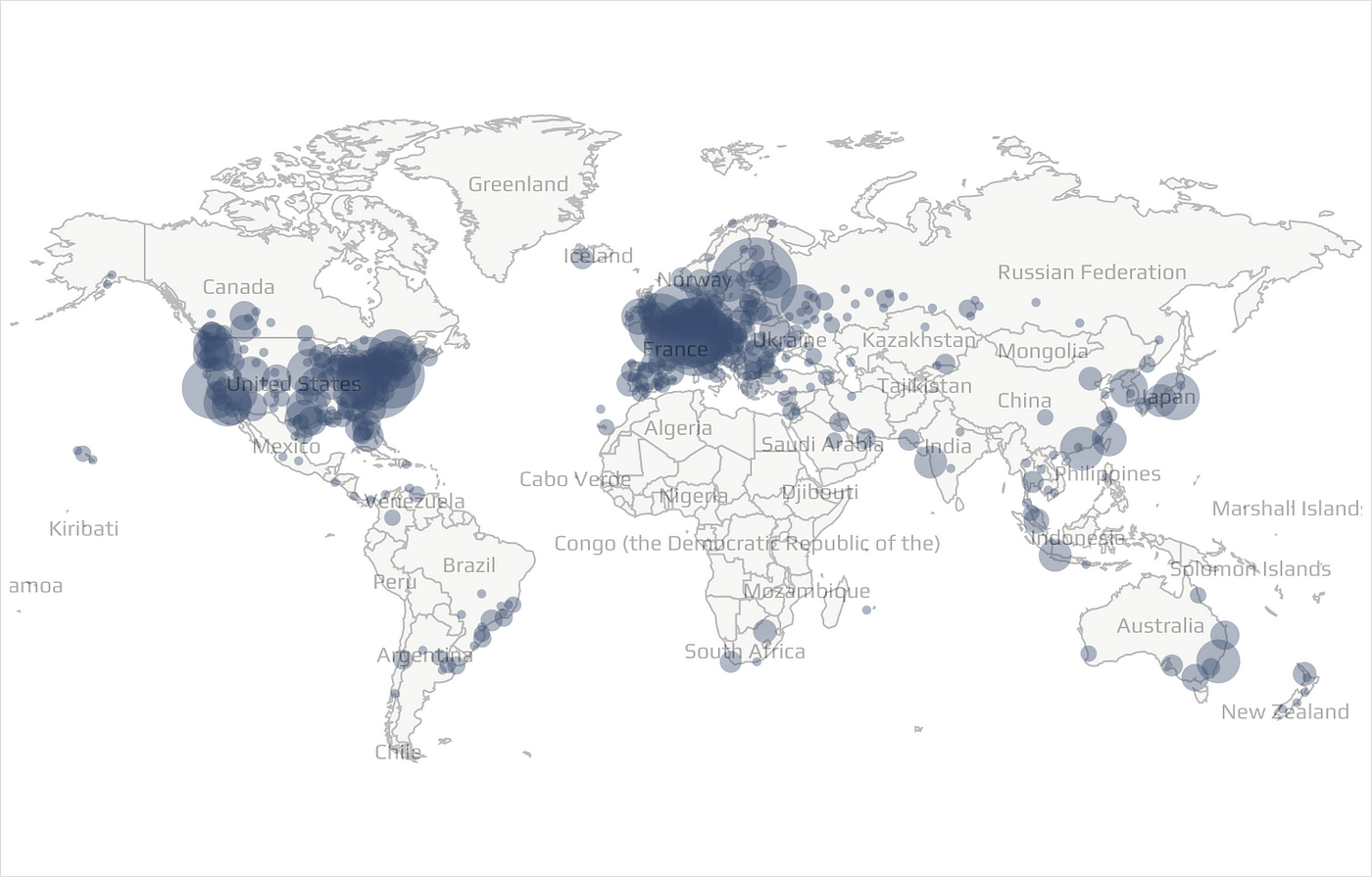 Map shows the concentration of reachable Bitcoin nodes found in countries around the world