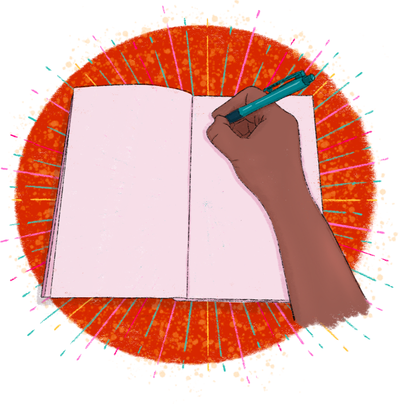 A brown-skinned hand writing in a notebook with a teal pen, on a red circle with radiating teal and pink lines.