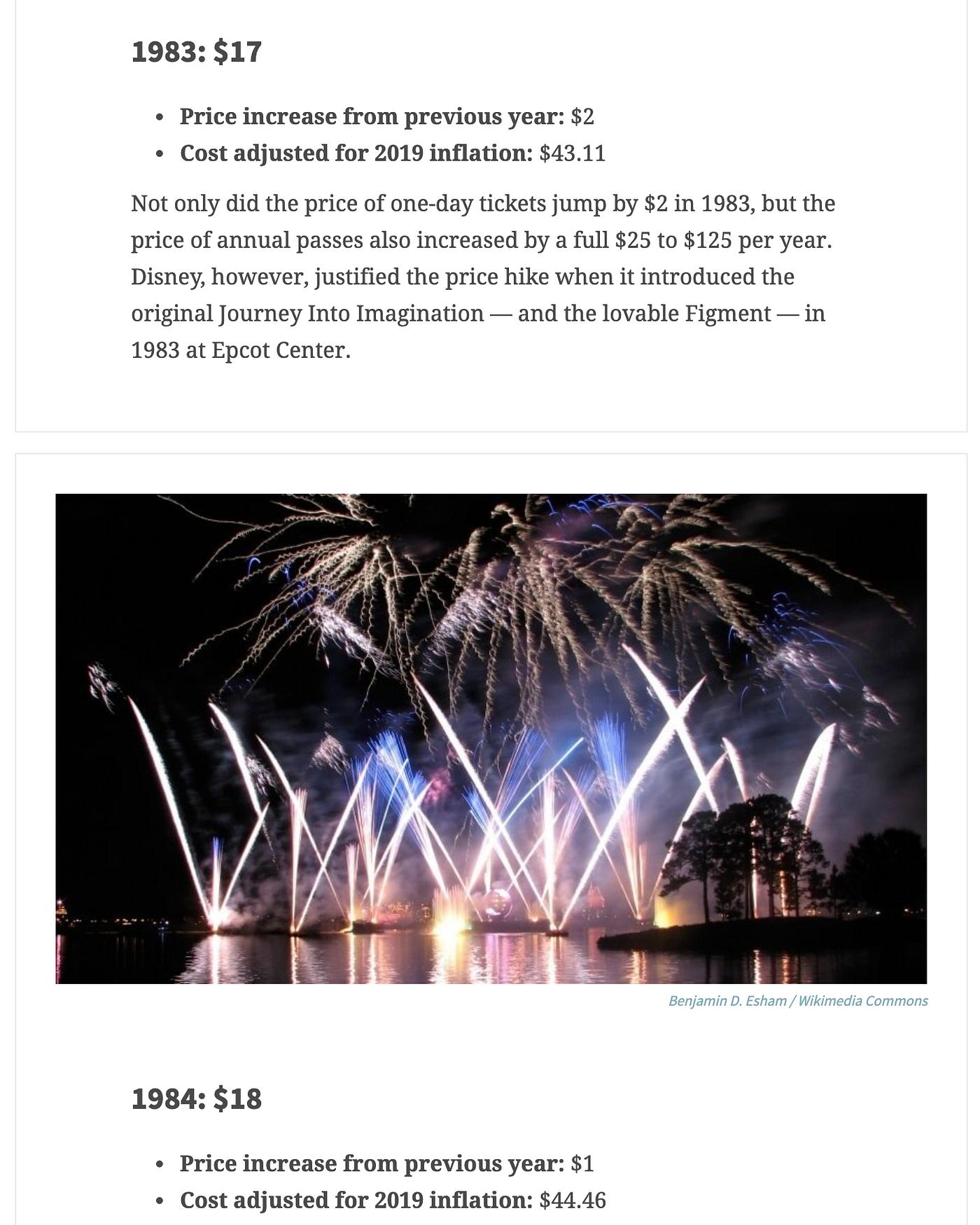 Sample of historical Walt Disney World ticket prices from GOBankingRates.com article (originally found through this CNBC article)