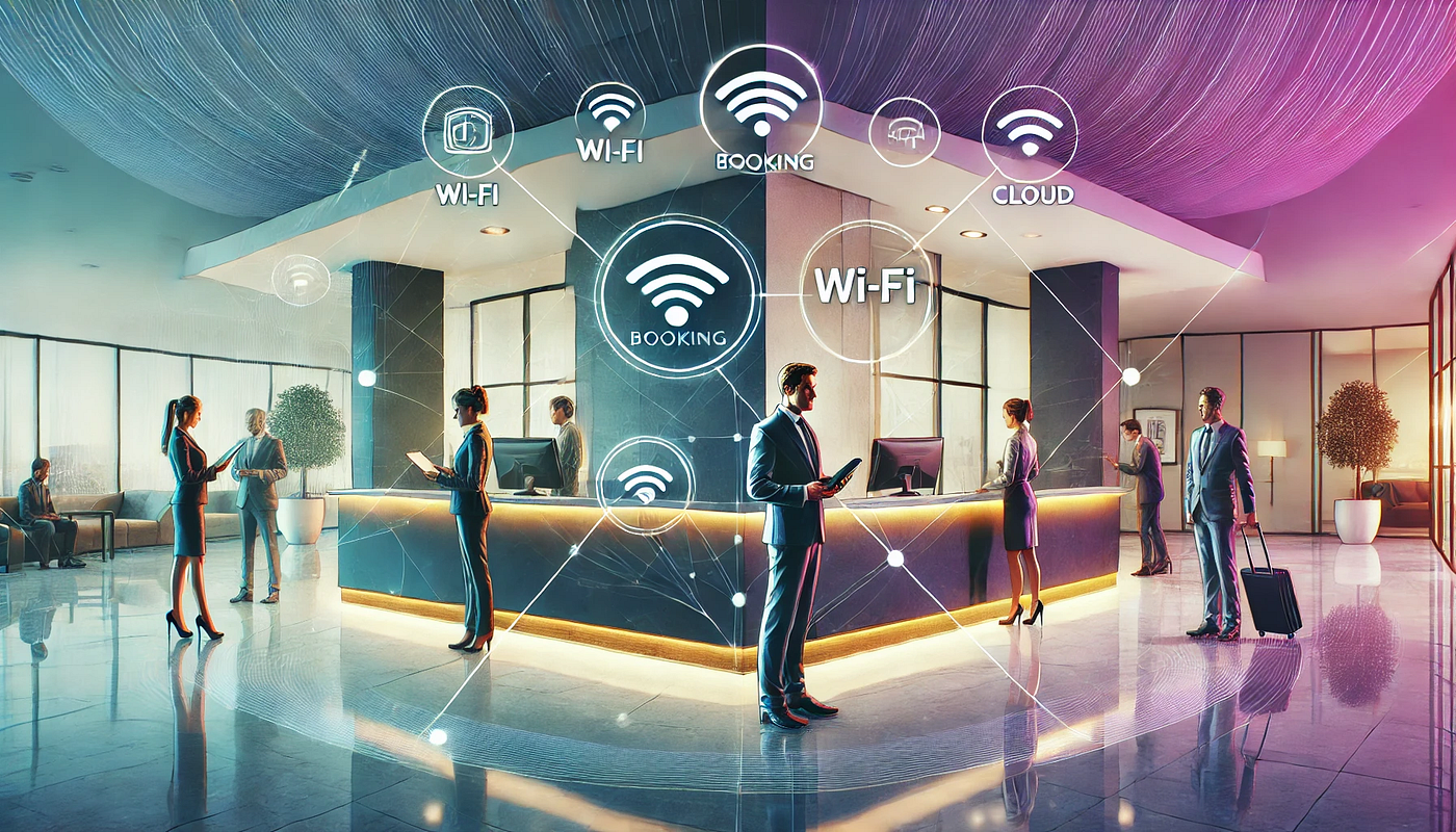 Ilustrasi Hotel Modern dengan Integrasi Teknologi Canggih