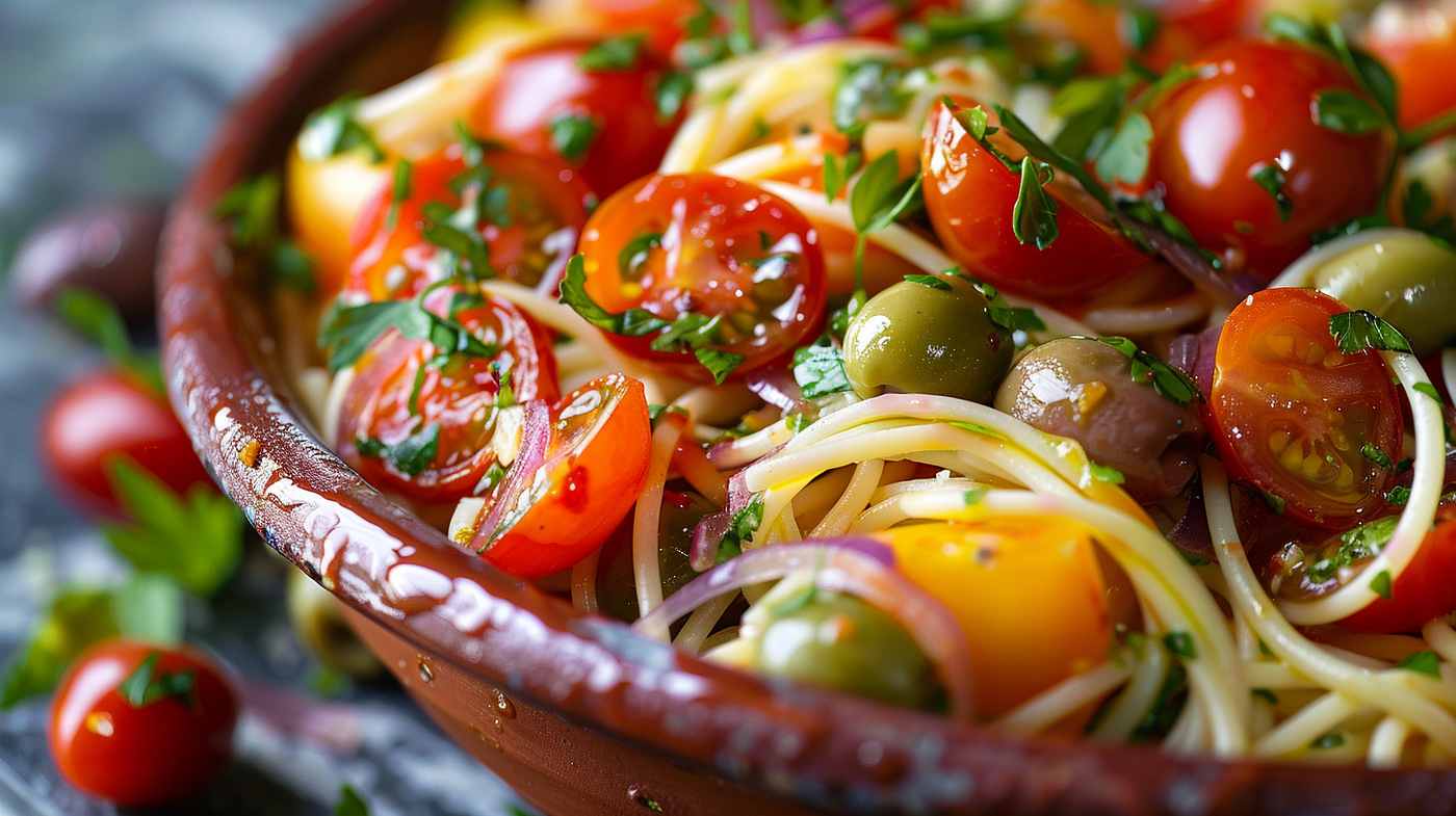 A vibrant bowl of spaghetti salad with fresh veggies and dressing