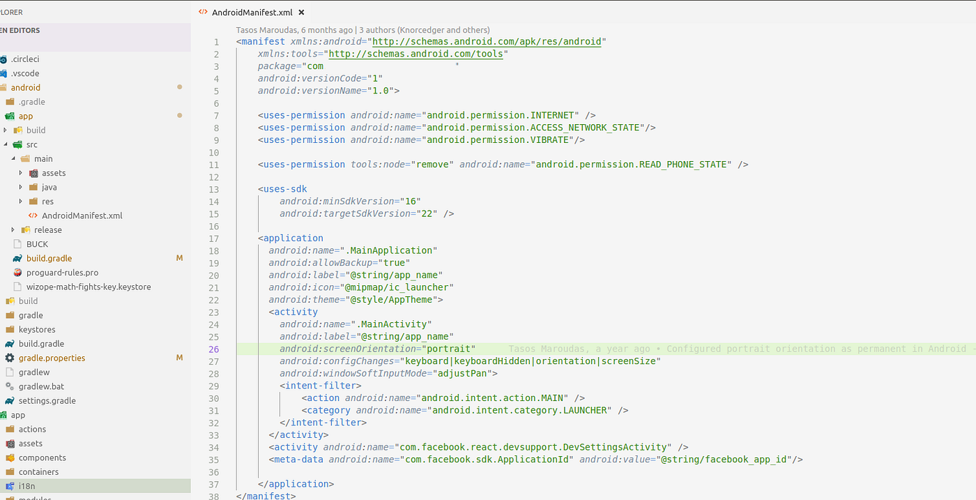 Image 2: Android Manifest config file with highlighted the line that performs the discussed configuration