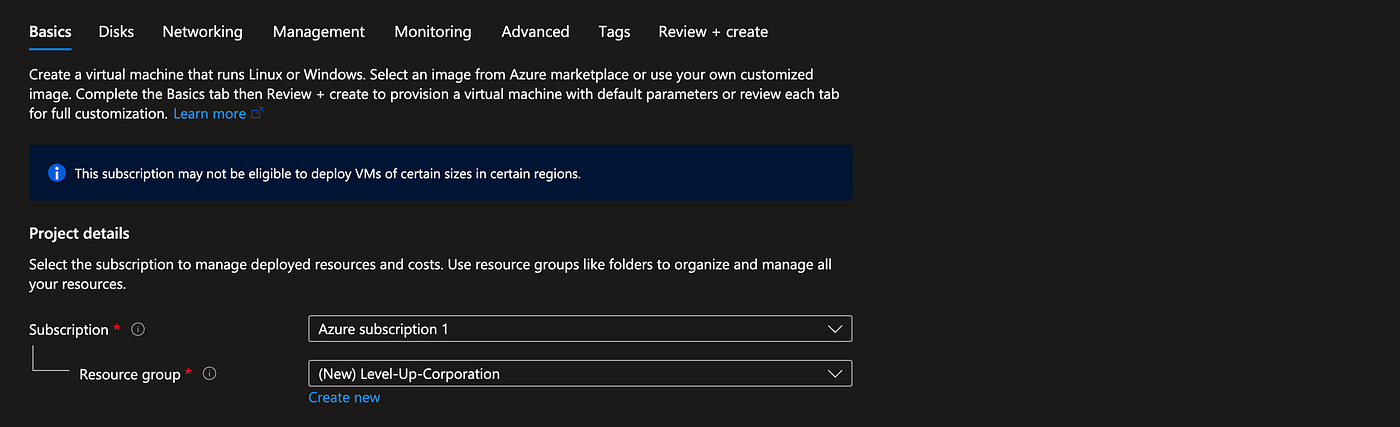 Select Subscription and Resource group