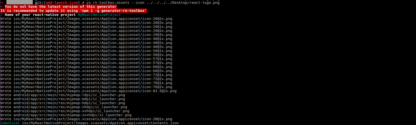 Image 3: rn-toolbox command execution with sample icon name react-logo.png