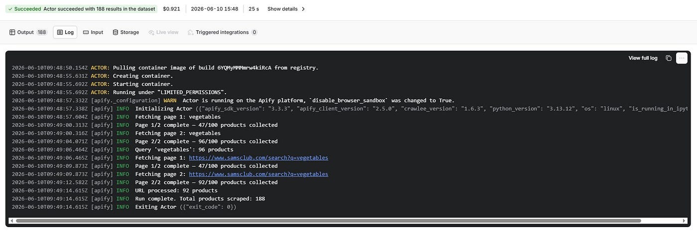 The run log in real time. Each line shows the actor moving through pages, collecting batches, and pushing records to the dataset. 188 products, 25 seconds, zero errors.