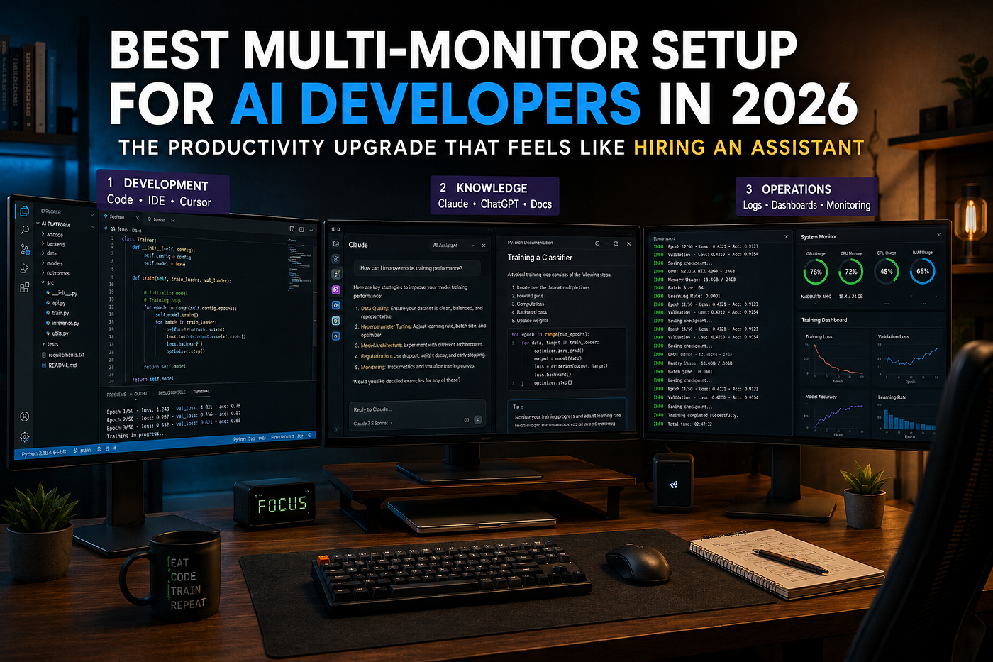 A multi-monitor setup features three screens displaying AI development, knowledge resources, and operational dashboards, with a keyboard, mouse, notebooks, a coffee mug, and small potted plants on the desk, all in a cozy, well-lit workspace.