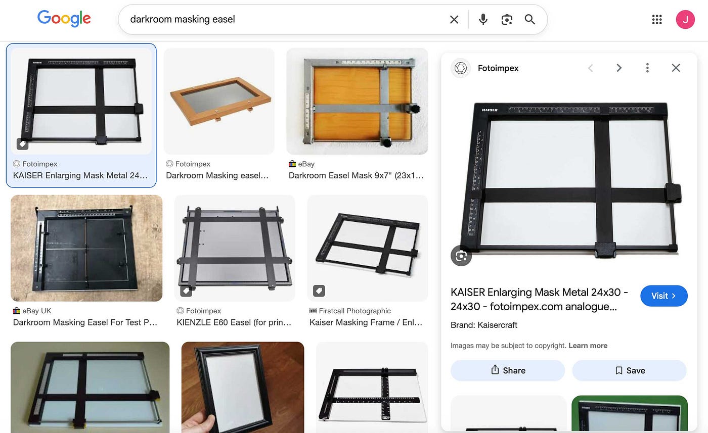 Image: screenshot of Google image search for photo easel, accessed in May 2026.