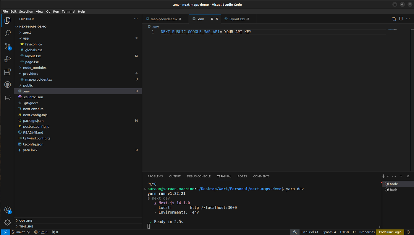 Google map API key placed inside the .env file created in root directory