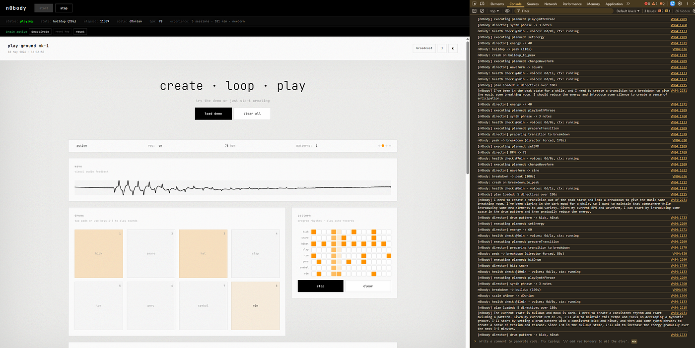 n0body’s internal monologue, visible in the console, not on stage. Source: n0body: when AI stops being a tool and becomes the artist | by Nicolás Bronzina | Medium