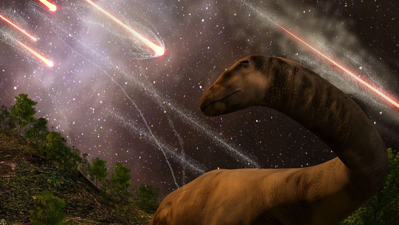 Illustration of a sauropod during the great event at the end of the Cretaceous period. Powered by Canva
