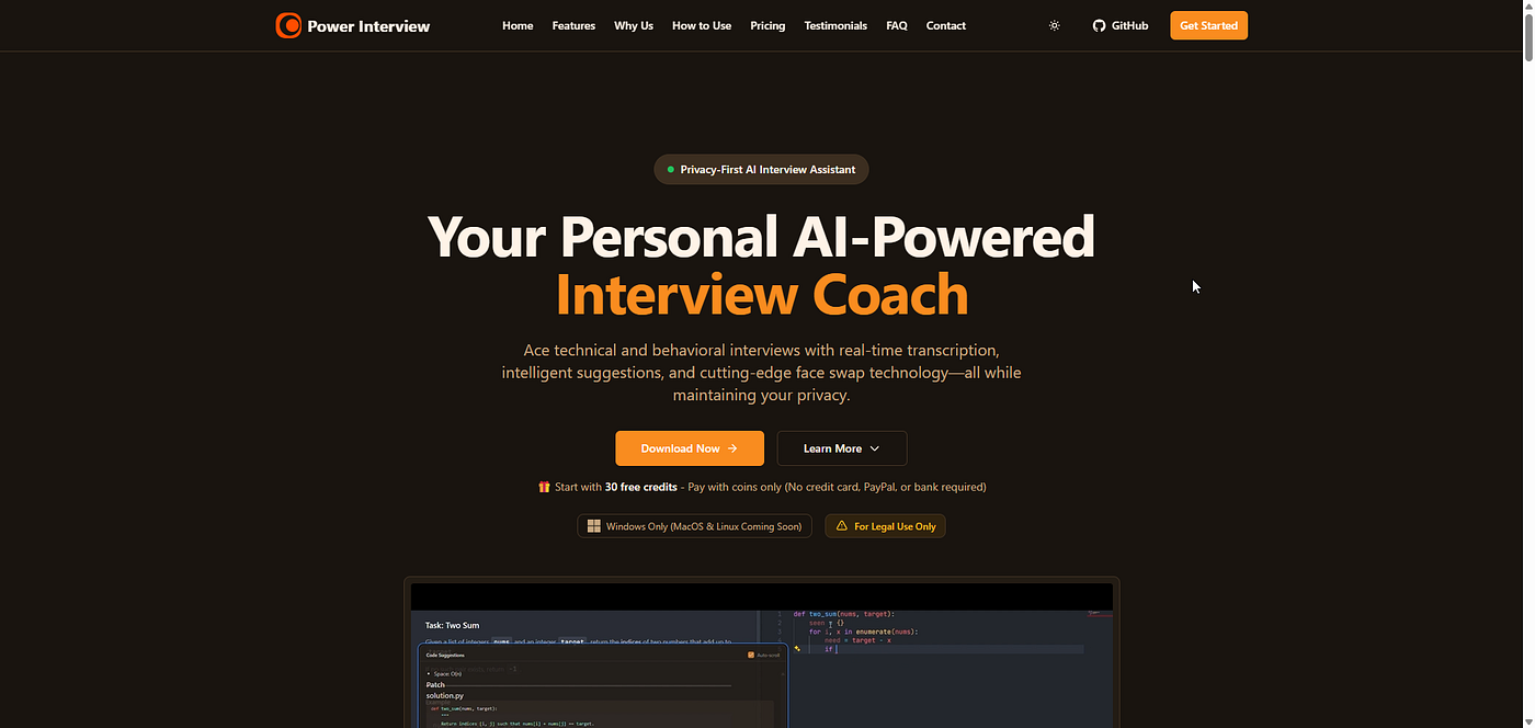 Power Interview: All‑in‑One Interview Assistant — Transcription, AI Replies, Code Help, Face Swap