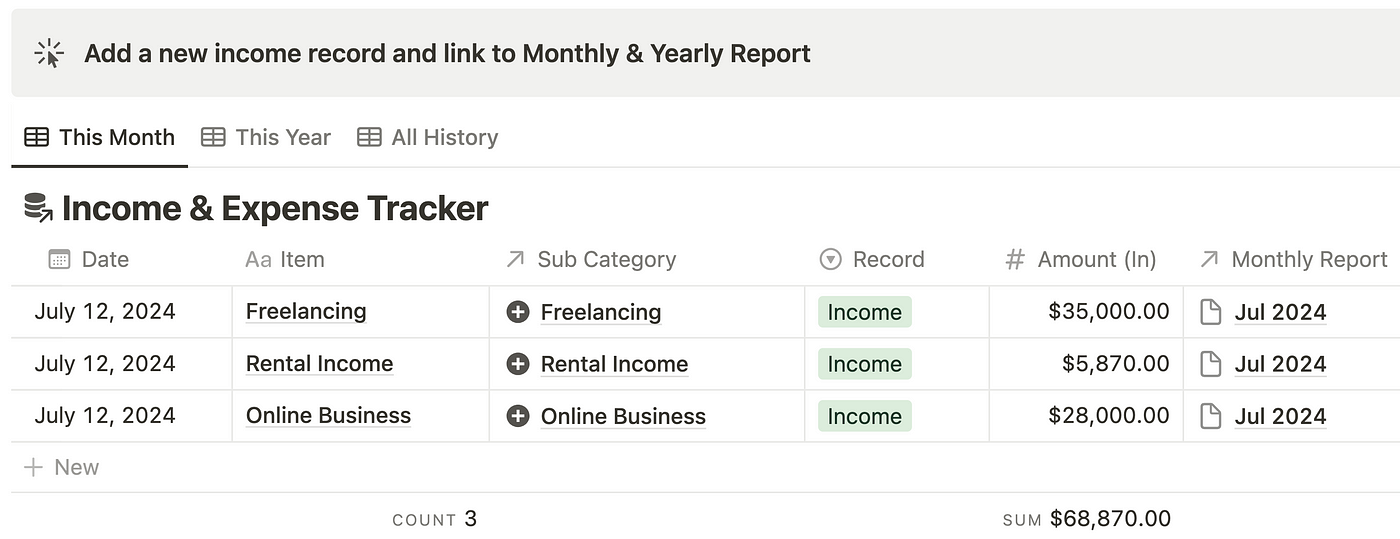 My Notion Income Tracker (sample data)