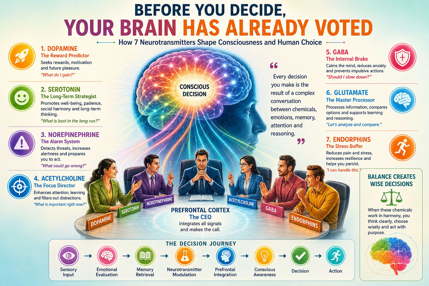 You Don’t Make Decisions — Your Neurotransmitters Do (Until Consciousness Steps In)
