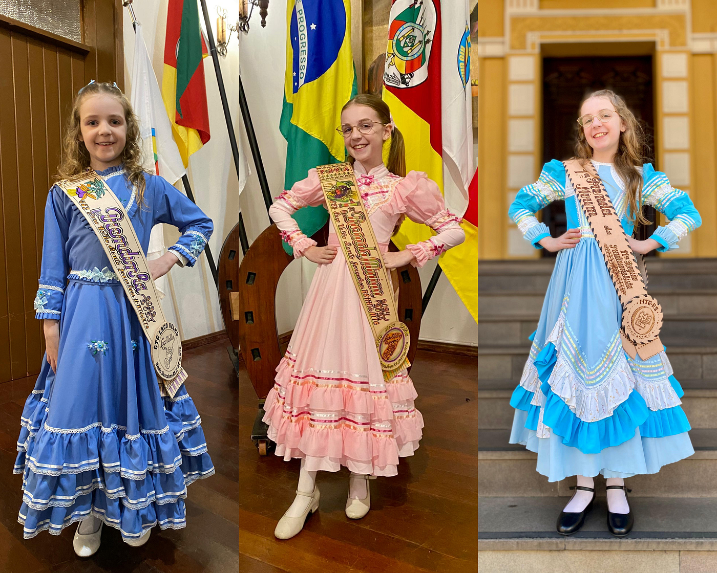 Francisca com suas três faixas (Prendinha do CTG Laço Velho 2022/23, 1ªPrenda Mirim do CTG Laço Velho 2024/25 e 1ªPrenda Mirim da 11ª Região Tradicionalista 2025/26)
