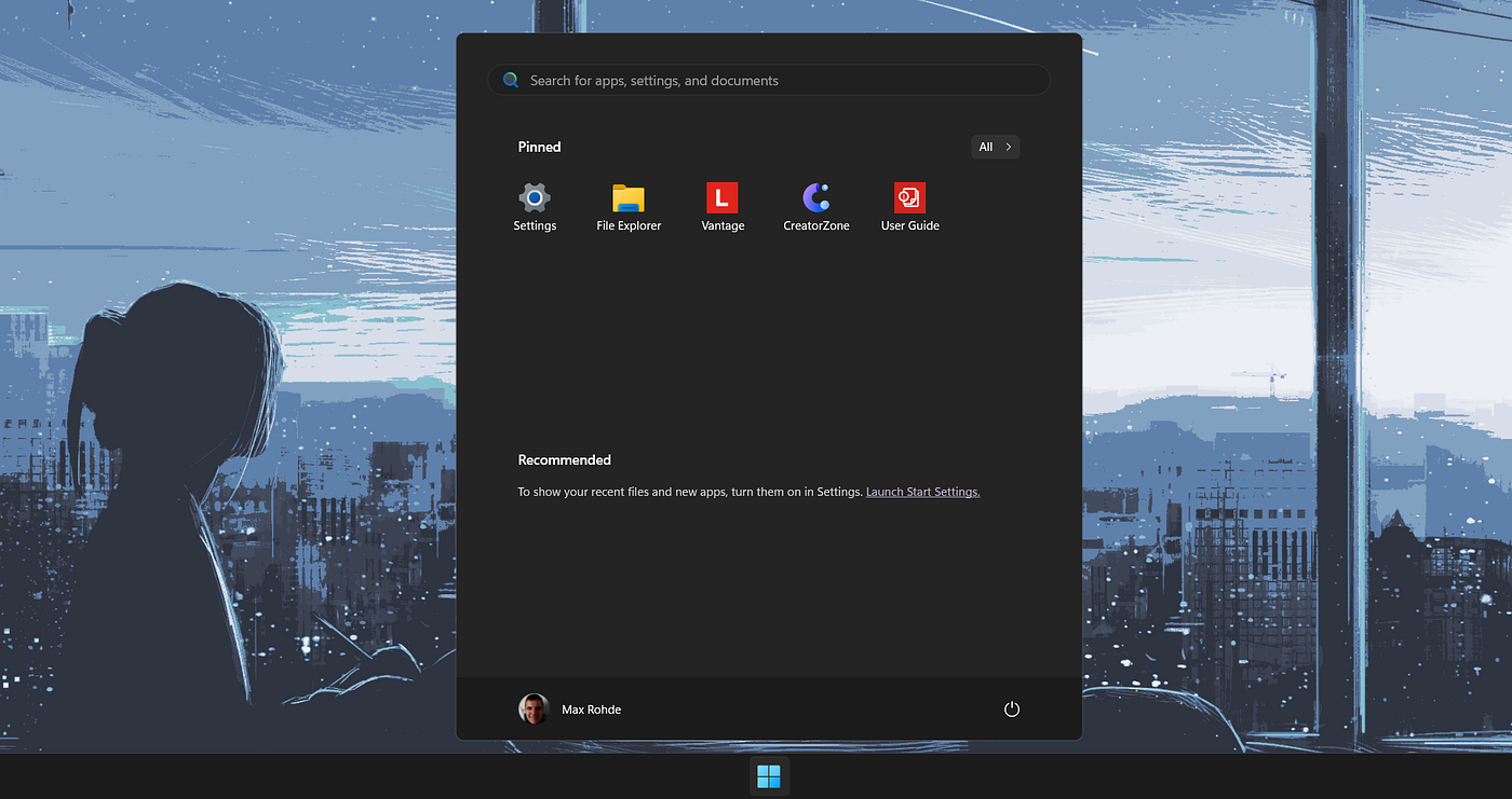 Decluttered start menu and taskbar — screenshot by author